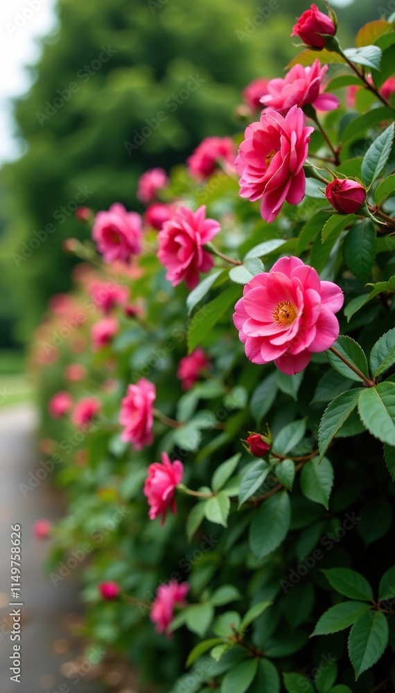 Beautifully bloomed rose hip bush near the fence line, landscaping feature, flowering hedges, roses Beautifully bloomed rose hip bush near the fence line, landscaping feature, flowering hedges, roses