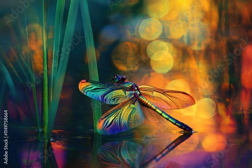 Colorful Dragonfly Perched on Water Surrounded by Vibrant Bokeh Lights and Lush Greenery Exemplifying Nature's Beauty and Intricacies in a Stunning Close-Up View
