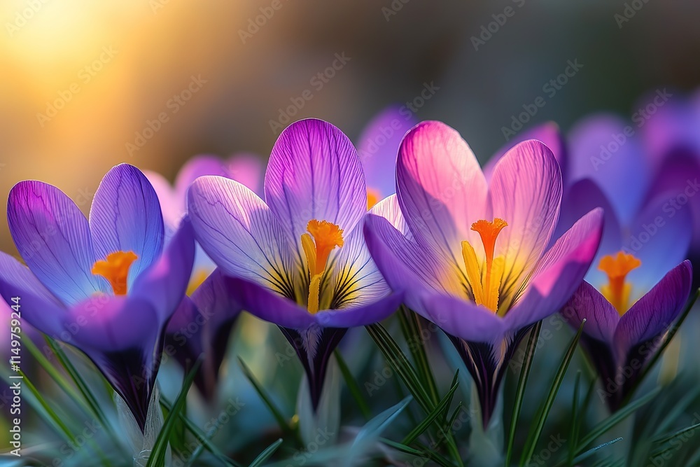 Fototapeta premium Close-up of Vibrant Purple Crocuses in Spring Sunlight