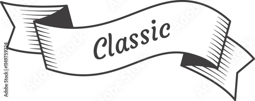 Waving ribbon banner displays the word Classic in an elegant, traditional style, suitable for labeling or highlighting timeless quality and enduring appeal