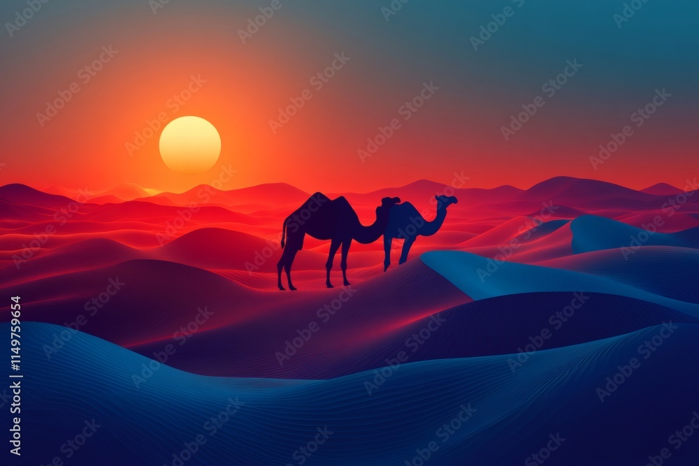 Two camels standing on sand dunes at sunset in desert Two camels standing on sand dunes at sunset in desert