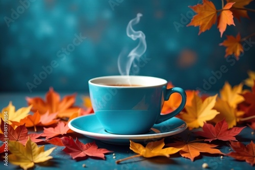 Blue background autumn leaves surrounding a steaming cup, blue background, cup, fall