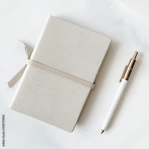 Elegant OffWhite Notebook, Cream Pen, Minimalist Desk Setup, Simple Stationery Generative Ai. photo