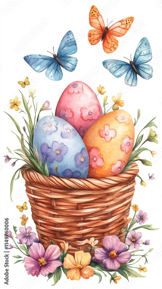 Fototapeta premium Easter eggs in basket with butterflies and flowers watercolor painting