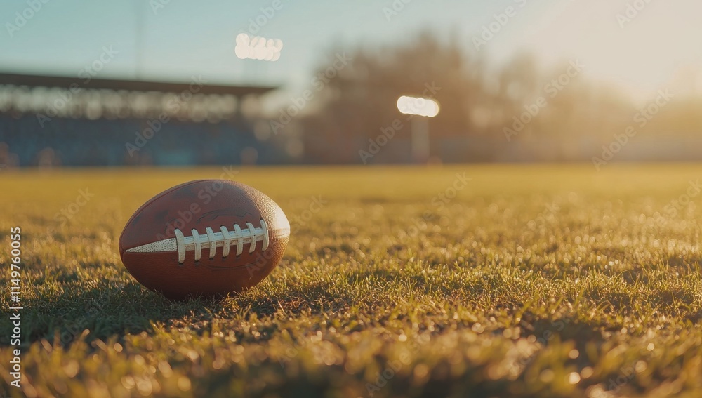 Sunset casts golden light on a well-worn football resting on the field during a calm autumn afternoon Sunset casts golden light on a well-worn football resting on the field during a calm autumn afternoon