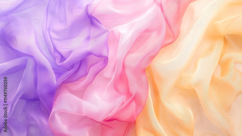 Fototapeta premium Softly Flowing Fabric in Vibrant Shades of Purple, Pink, and Yellow for Textile and Fashion Backgrounds, Ideal for Creative Design Projects and Artistic Presentations