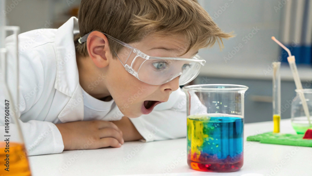 scientist in laboratory with tubes, Surprised Child Boy Observing Colorful Chemical Reaction colorful background scientist in laboratory with tubes, Surprised Child Boy Observing Colorful Chemical Reaction colorful background