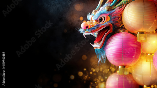 Vibrant dragon with lanterns and glowing festive lights photo