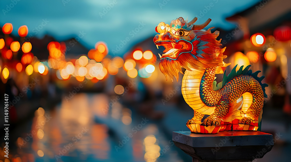 Fototapeta premium Illuminated Dragon Lantern Illustration Night Lights Festive