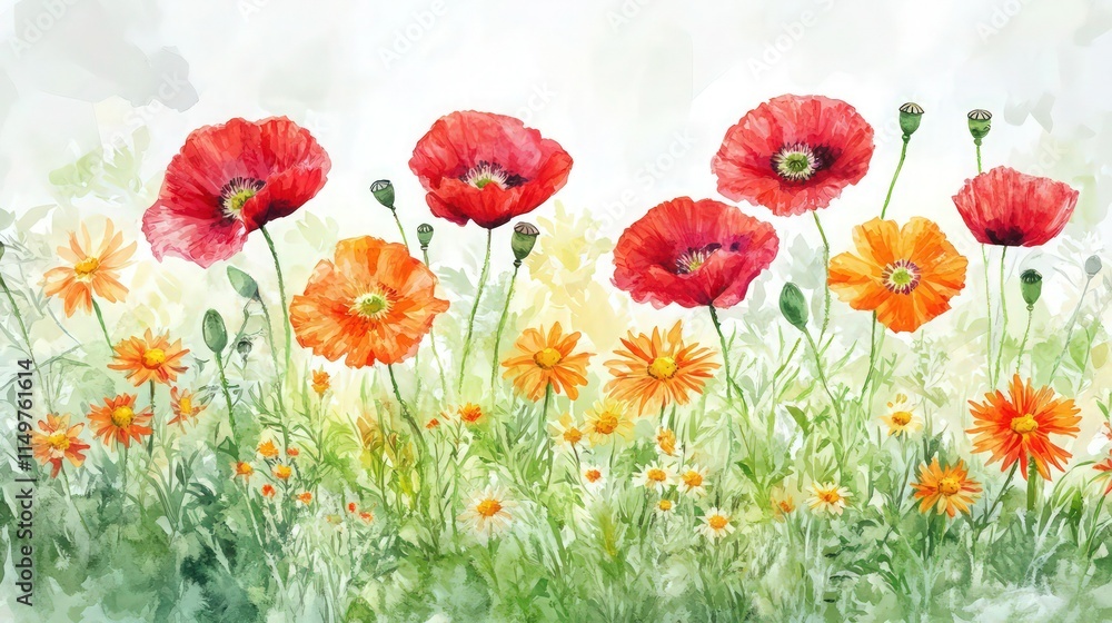Fototapeta premium A vibrant spring meadow with watercolor-painted red poppies, orange daisies, and lush green grass, creating a fluid, organic blend of colors that bring the flowers to life.