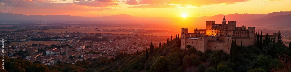 A beautiful sunset view of Alhambra's palace from above, landscape, spanish architecture, alhambra A beautiful sunset view of Alhambra's palace from above, landscape, spanish architecture, alhambra