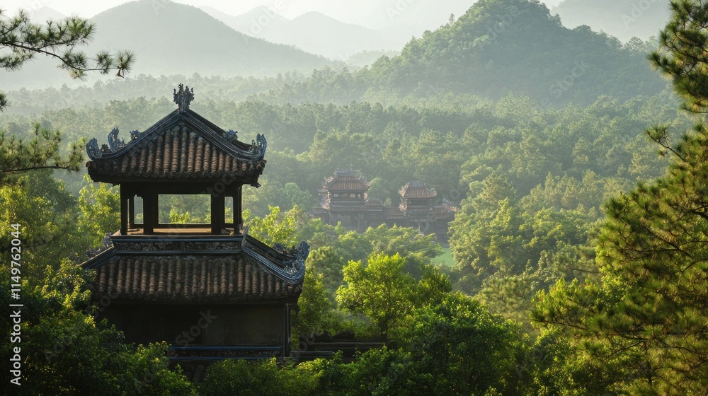 Ancient Pagoda Nestled in the Mist-Shrouded Mountains Ancient Pagoda Nestled in the Mist-Shrouded Mountains