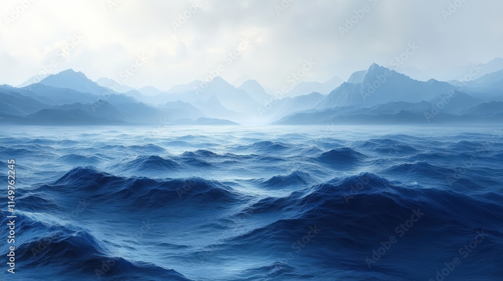 Serene ocean landscape with distant misty mountains under a cloudy sky. Serene ocean landscape with distant misty mountains under a cloudy sky.