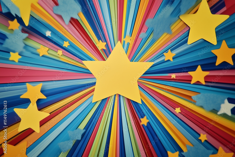 Fototapeta premium Yellow stars on colorful radial striped background