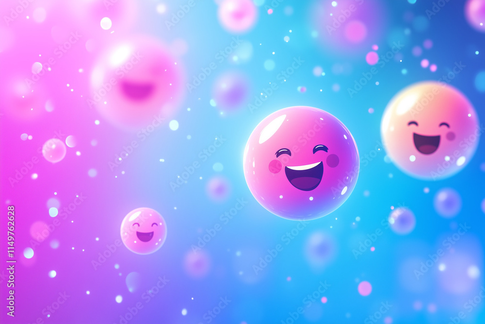 Fototapeta premium Smiling pink bubbles floating on a vibrant blue background