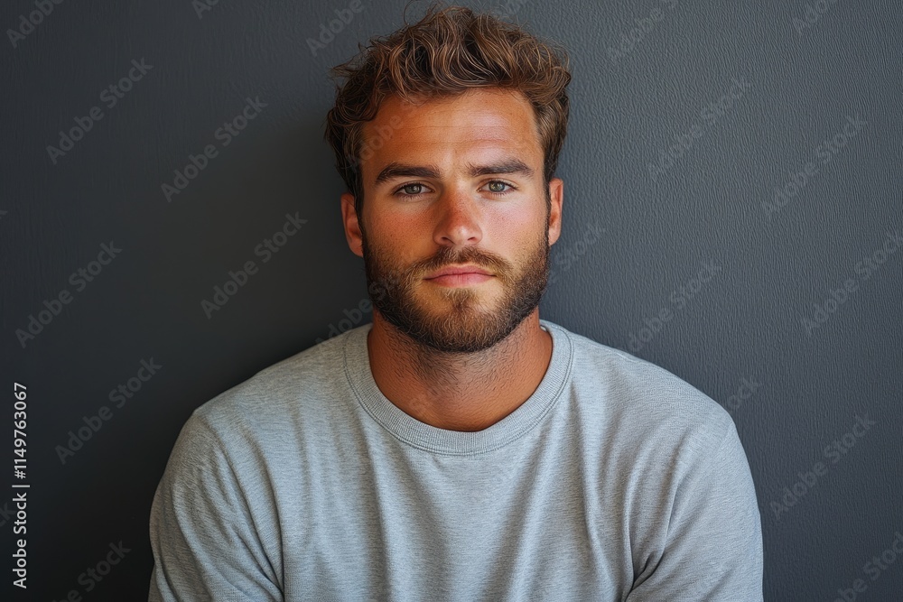 Portrait of confident young man with brown hair and beard posing on gray background Portrait of confident young man with brown hair and beard posing on gray background
