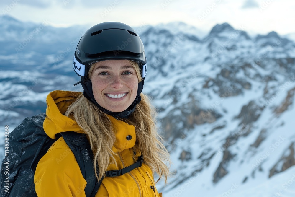 Smiling skier posing in the mountains wearing helmet and backpack Smiling skier posing in the mountains wearing helmet and backpack
