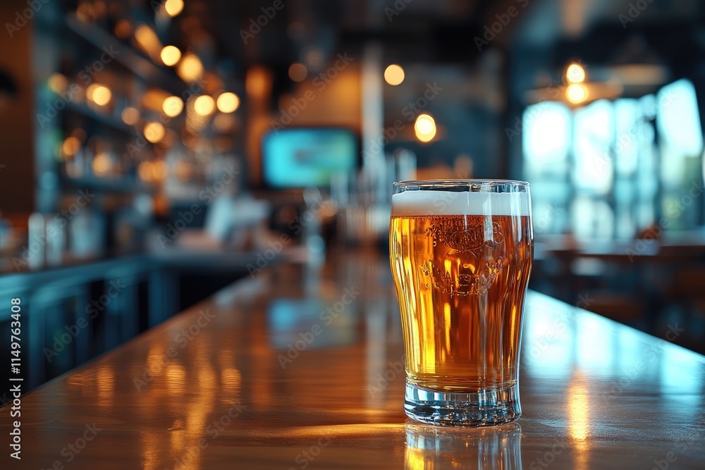 Pint of beer sitting on bar with blurred background showing bar and restaurant interior