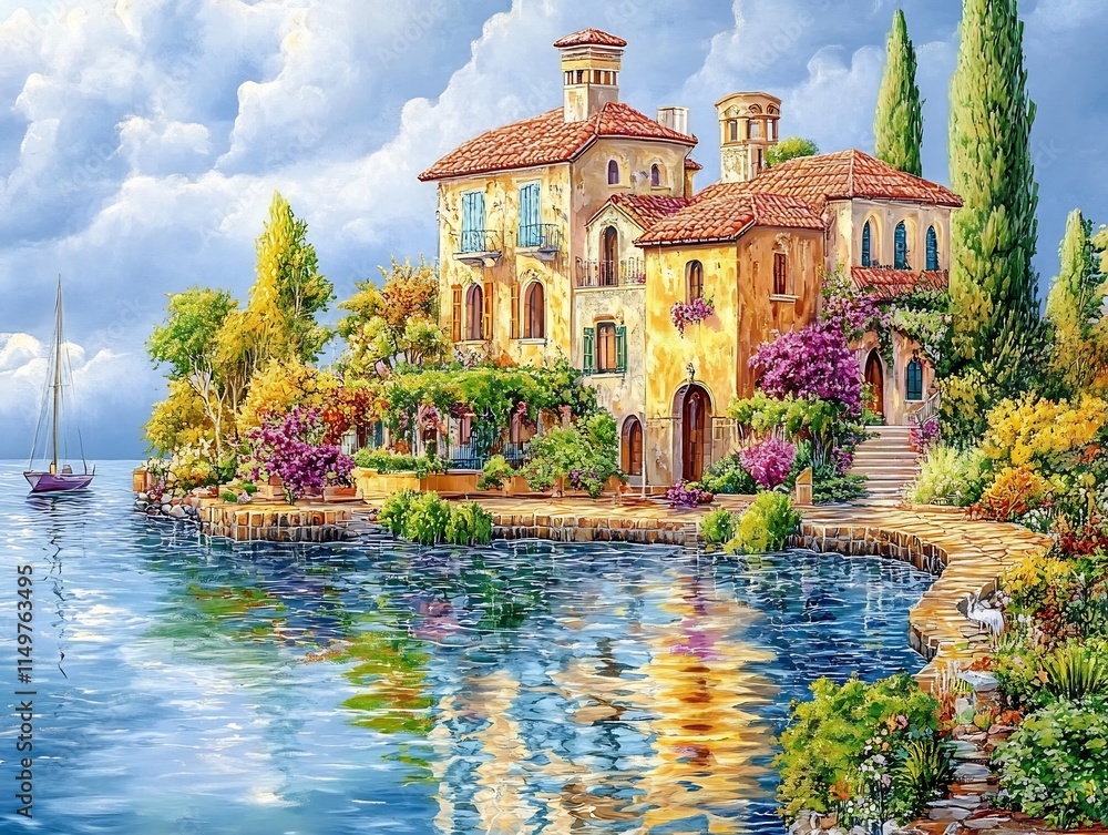 Fototapeta premium Breathtaking Lakeside Mediterranean Villa with Ornate Architecture and Lush Gardens