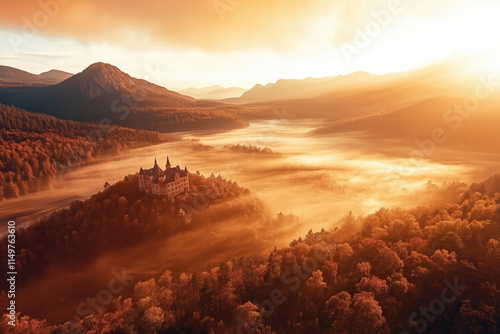 Majestic castle surrounded by misty mountains at sunset Generative Ai photo