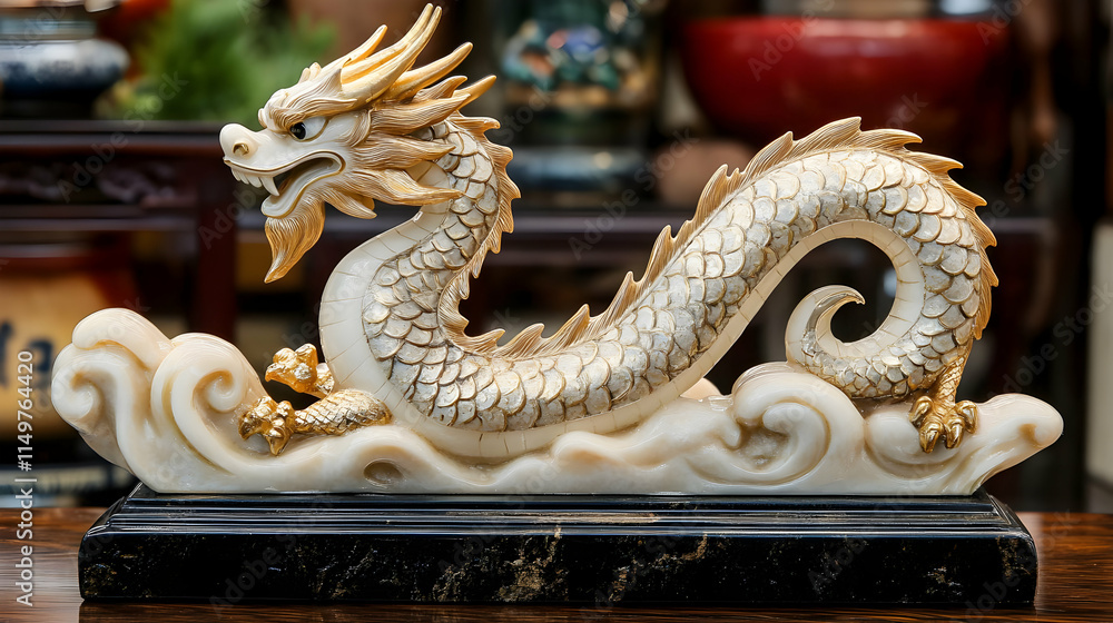 Fototapeta premium Elegant Gold and White Dragon Figurine Illustration