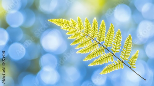 Delicate Green Fern Leaf Against a Soft Blue Background with Bokeh Effect, Capturing the Essence of Nature and Freshness in a Vibrant, Tranquil Setting