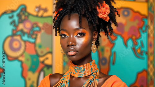 Black woman with beautiful curly hair wearing colorful jewelry against a vibrant world map backdrop in a sunny indoor setting