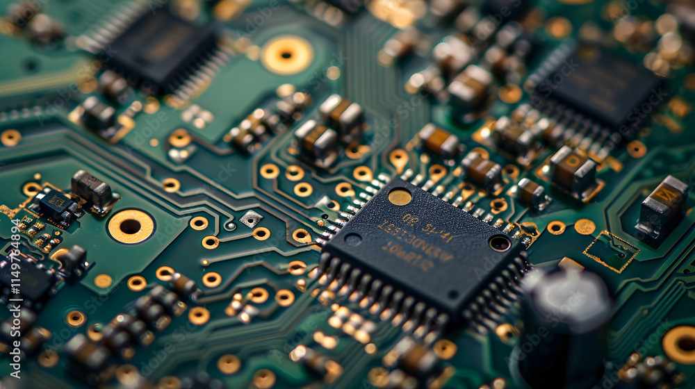 Macro Shot of Computer Chip on Motherboard Highlighting Circuitry and Microelectronic Design in Technology Macro Shot of Computer Chip on Motherboard Highlighting Circuitry and Microelectronic Design in Technology