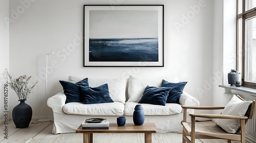 Wallpaper Mural White couch with blue velvet pillows, a large framed seascape painting, and wooden chair in a minimalist living room. Torontodigital.ca