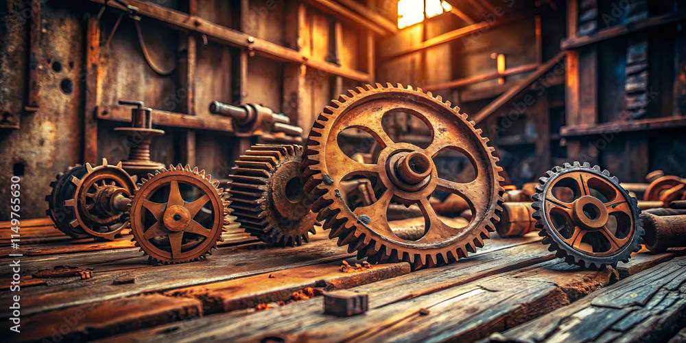 Fototapeta premium Intricate rust colored metal gears scattered on weathered wood, illuminated by warm light, create nostalgic and industrial atmosphere