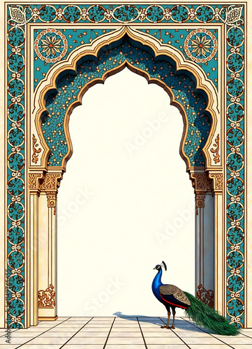 Invitation design featuring middle eastern seamless pattern and Mughal arch with peacock illustration