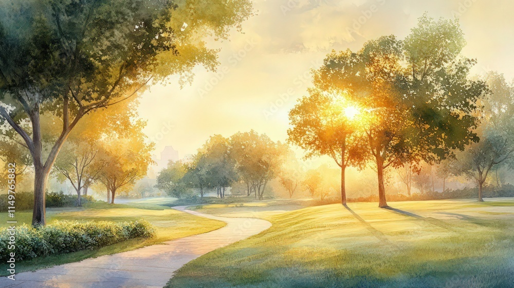 Obraz premium A tranquil park at sunrise, with soft golden light filtering through lush green trees 