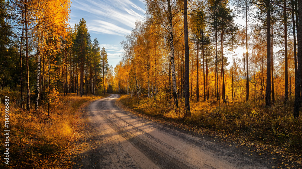 Obraz premium Autumnal Forest Road Golden Leaves, Winding Path, Sunlit Trees Generative Ai.