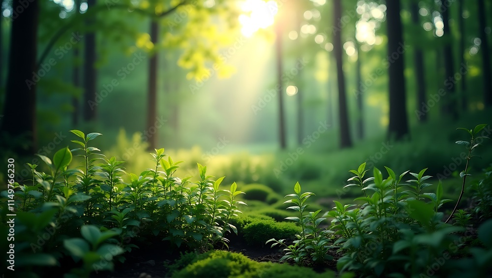 Fototapeta premium Sunlight highlights vibrant forest vegetation and mossy ground. Perfect for nature magazines, environmental blogs, or outdoor product advertisements