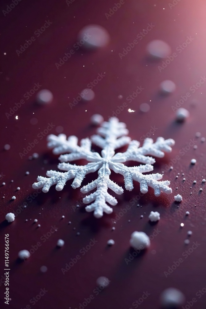 Fototapeta premium A delicate snowflake floats gently on a dark maroon surface with subtle shimmer, snowfall, winter scenery