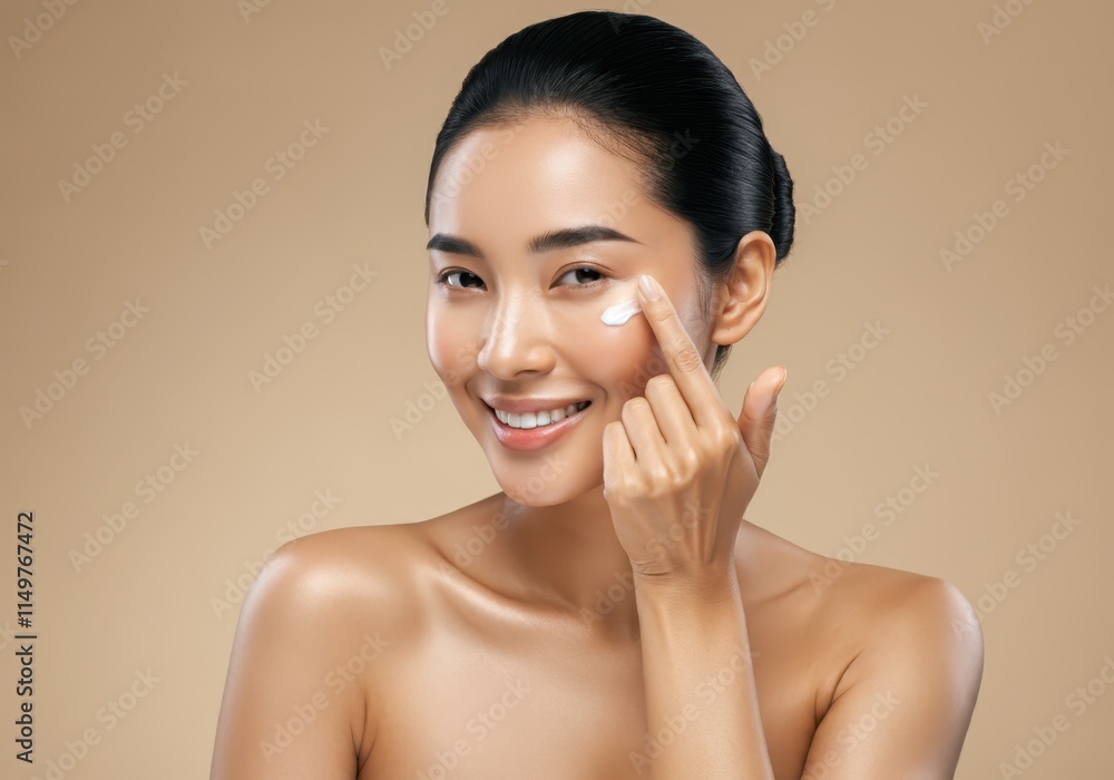 A smiling woman with flawless skin applies a small amount of cream under her eye. She has her hair styled in an elegant bun A smiling woman with flawless skin applies a small amount of cream under her eye. She has her hair styled in an elegant bun