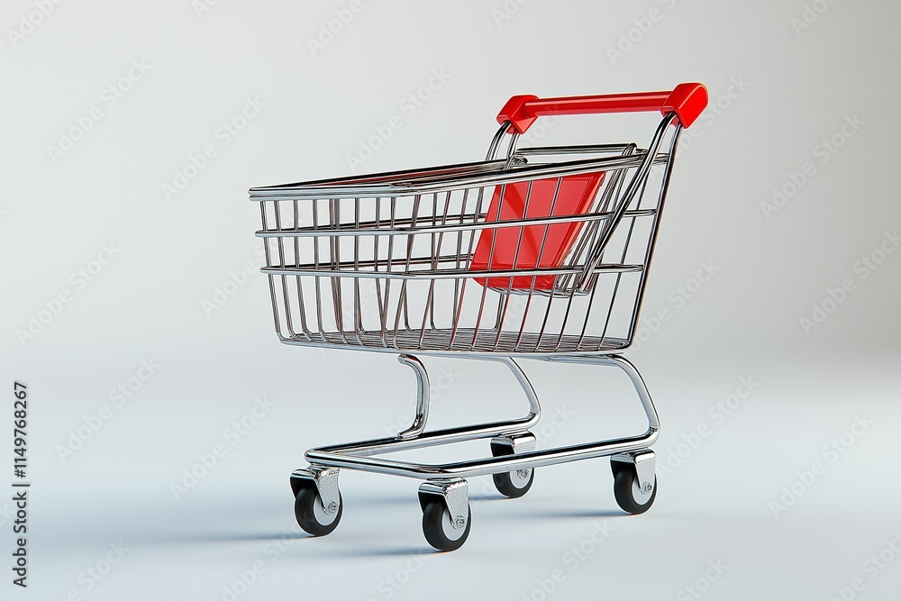 Retail shopping cart in a minimalist setting ready for groceries or products Retail shopping cart in a minimalist setting ready for groceries or products