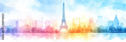Colorful paris skyline with tower and cityscape reflection