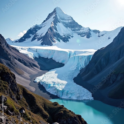 A glacier slowly flowing down a rugged slope on Cathedral Peak in the Chilkat Mountains of Alaska, rugged terrain, ice, snow photo