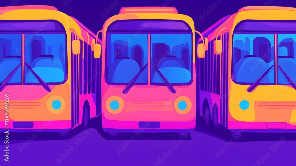 Vibrant buses in a colorful urban setting digital art dynamic viewpoint Vibrant buses in a colorful urban setting digital art dynamic viewpoint