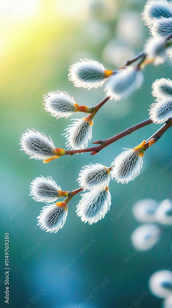 Fototapeta premium Springtime willow branch with soft fluffy catkins in sunlight. Happy Easter