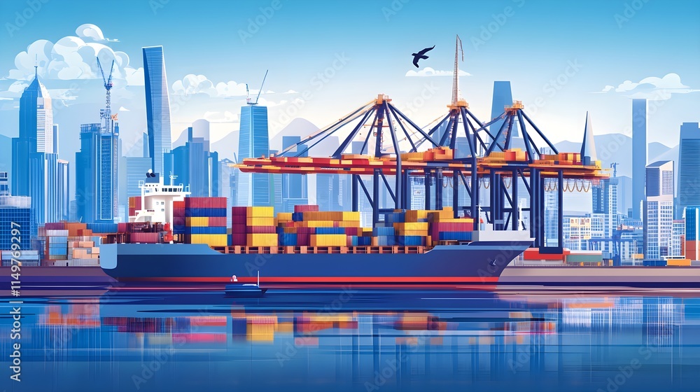 Obraz premium Cargo ship unloading containers at urban port city skyline digital illustration calm water wide angle trade dynamics