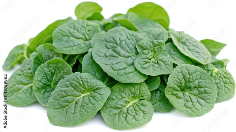 Fototapeta premium Fresh, vibrant pile of green spinach leaves isolated on white background.