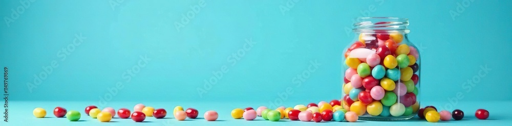 A large jar of colored gumdrops and jelly beans on a blue background, festive candies, gummy treats A large jar of colored gumdrops and jelly beans on a blue background, festive candies, gummy treats