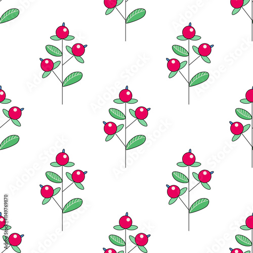 Floral pattern with red wild berries on a branch