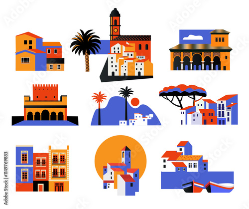 set of mediterranean town vector dtylized illustrations