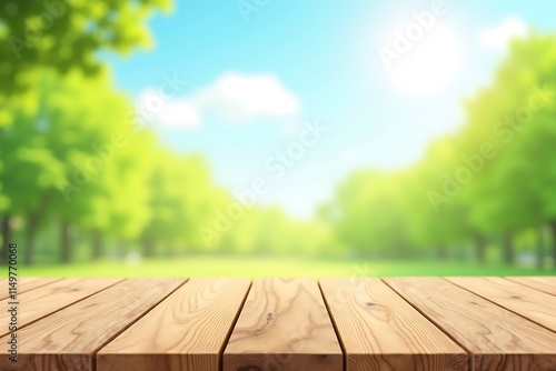 Sunny Outdoor Scene with Wooden Tabletop and Blurred Greenery Background for Natural Product Display