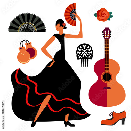 set of flamenco party flat vector icons