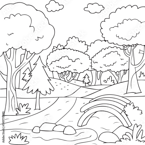 forest background line art with house on white background