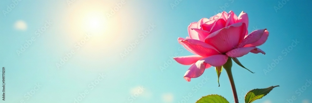 A pink rose petal falls from its stem as the sun casts a warm glow on a serene blue sky, flower, sunlight, gentle A pink rose petal falls from its stem as the sun casts a warm glow on a serene blue sky, flower, sunlight, gentle